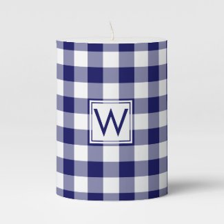 Monogrammed Blue and White Gingham Plaid Pattern Pillar Candle