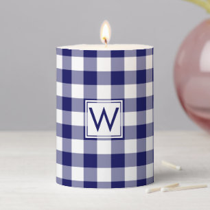 Monogrammed Blue and White Gingham Plaid Pattern Pillar Candle
