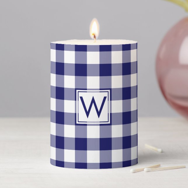 Monogrammed Blue and White Gingham Plaid Pattern Pillar Candle (In Situ)