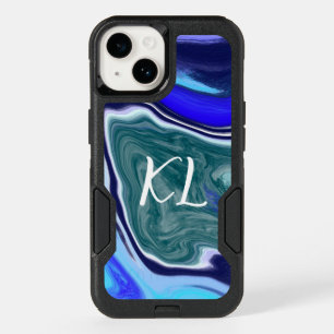 Monogrammed Blue and White Marble Fluid Art OtterBox iPhone 14 Case