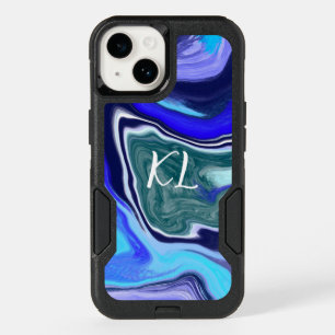 Monogrammed Blue and White Marble Fluid Art OtterBox iPhone 14 Case