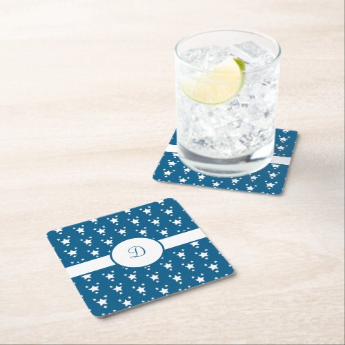 Monogrammed Blue and White Stars Patriotic  Square Paper Coaster