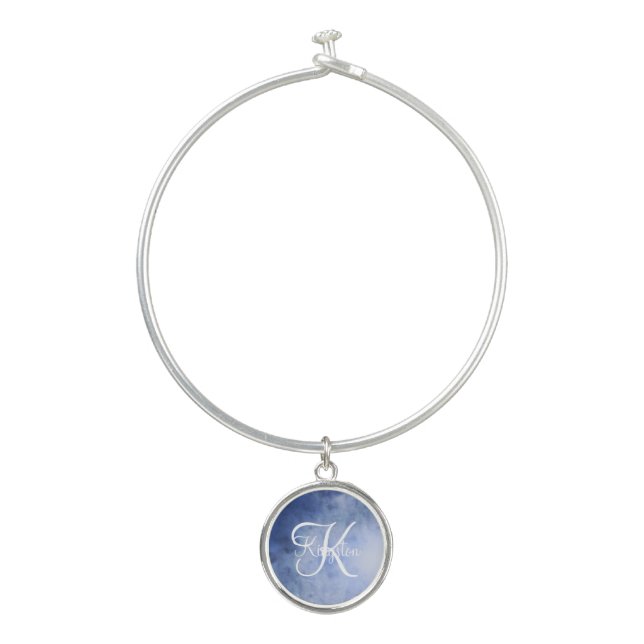 Monogrammed Blue and White Watercolor Bangle Bracelet (Front)