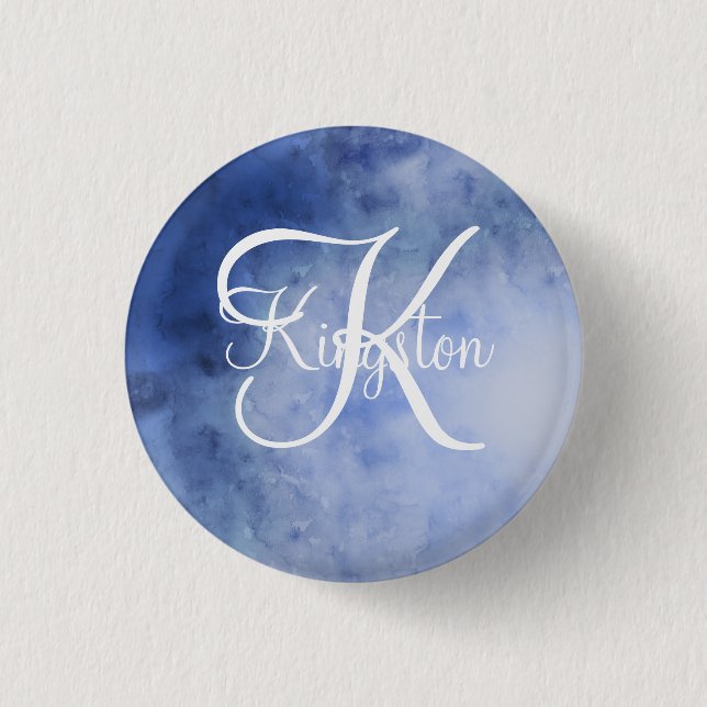 Monogrammed Blue and White Watercolor Button (Front)
