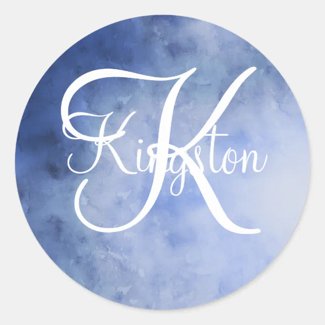 Monogrammed Blue and White Watercolor Classic Round Sticker | Zazzle