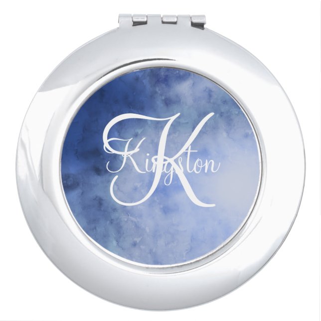 Monogrammed Blue and White Watercolor Compact Mirror (Front)