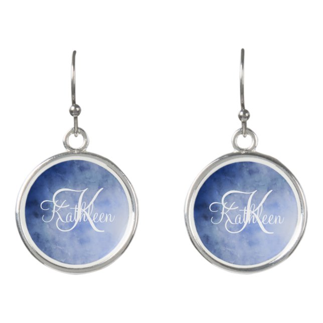 Monogrammed Blue and White Watercolor  Earrings (Front)