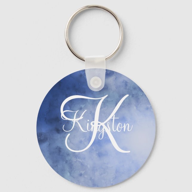 Monogrammed Blue and White Watercolor Keychain (Front)