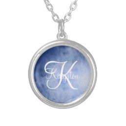 Monogrammed Blue and White Watercolor Silver Plated Necklace