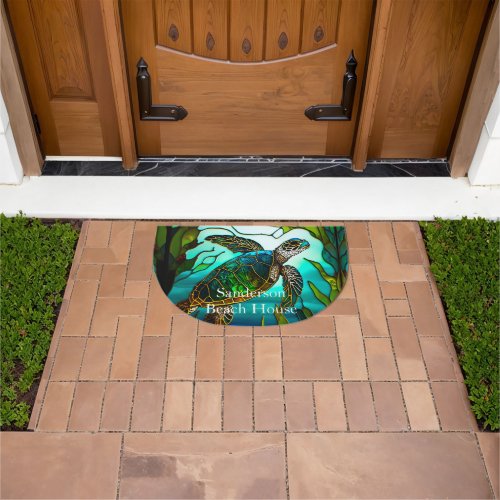 Monogrammed Blue Beach Life Sea Turtle  Doormat