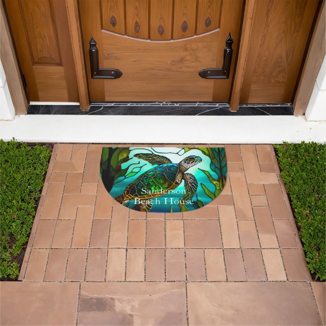 Monogrammed Blue Beach Life Sea Turtle  Doormat (Outdoor)