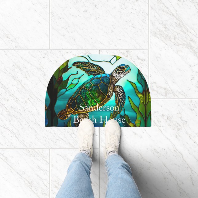 Monogrammed Blue Beach Life Sea Turtle  Doormat (Indoor)