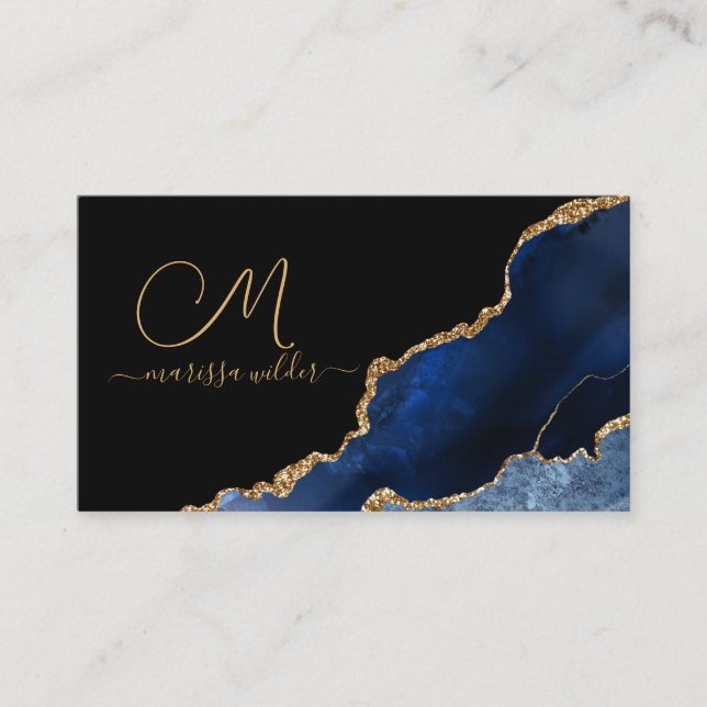 Monogrammed Blue Black Gold Glitter Agate Geode Business Card (Front)