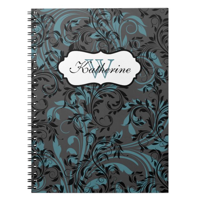 Monogrammed Blue Black Gray Scrolls Notebook (Front)