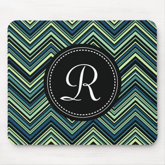 Monogrammed Blue Black Tribal Chevron Pattern Mouse Pad (Front)