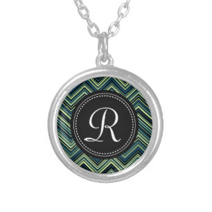 Monogrammed Blue Black Tribal Chevron Pattern Silver Plated Necklace