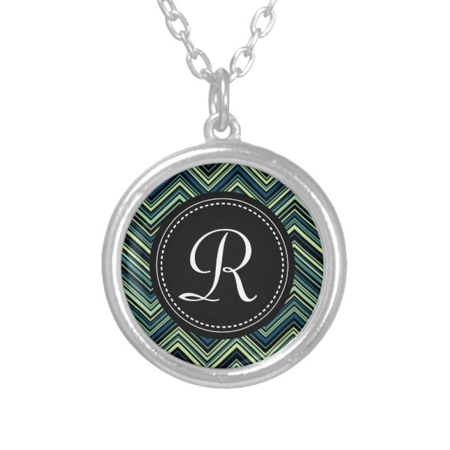 Monogrammed Blue Black Tribal Chevron Pattern Silver Plated Necklace (Front)