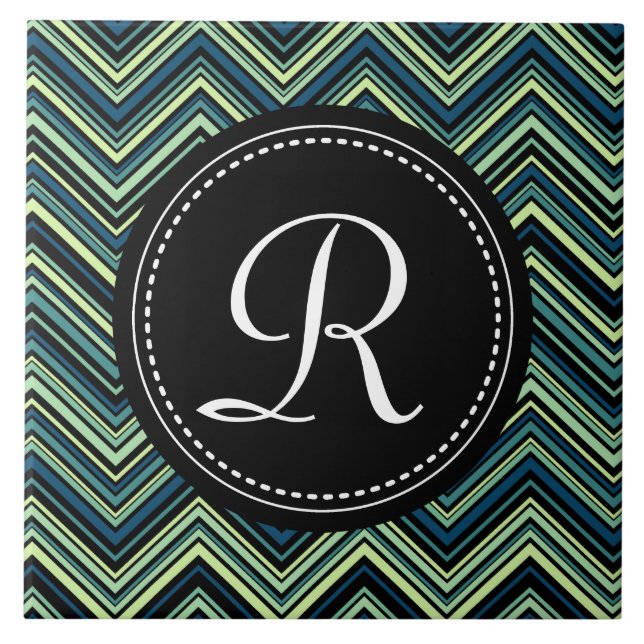 Monogrammed Blue Black Tribal Chevron Pattern Tile (Front)