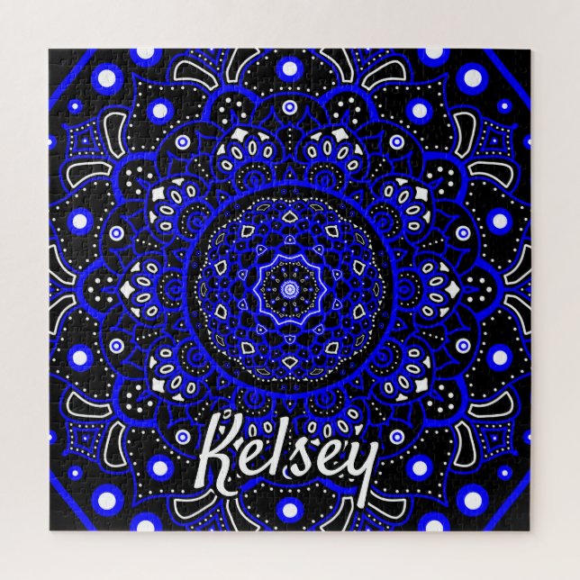 Monogrammed Blue, Black & White Mandala Pattern Jigsaw Puzzle (Vertical)