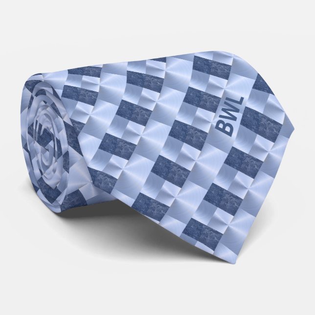 Monogrammed Blue Block Pattern Business Neck Tie (Rolled)