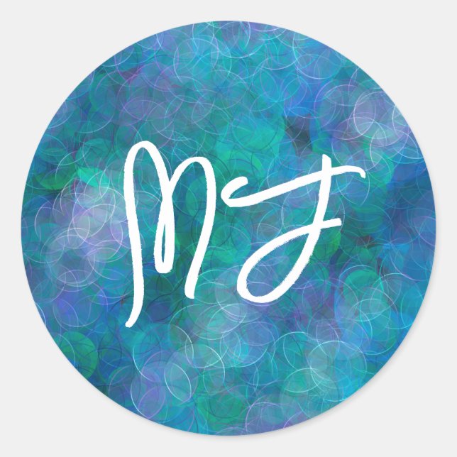 Monogrammed Blue Bokeh Abstract Digital Art  Classic Round Sticker (Front)