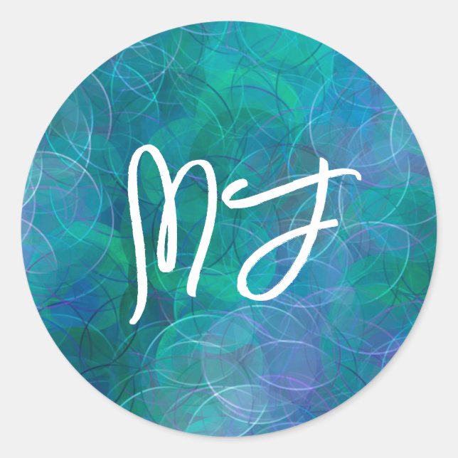 Monogrammed Blue Bokeh Abstract Digital Art  Classic Round Sticker (Front)