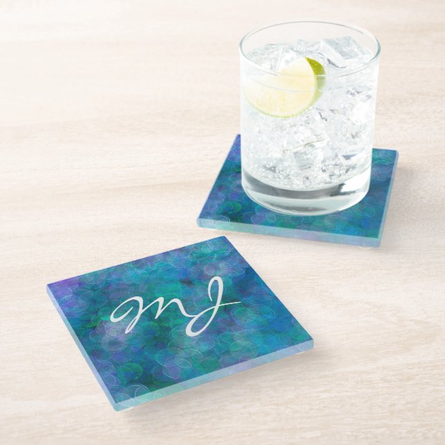 Monogrammed Blue Bokeh Abstract Digital Art   Glass Coaster (Angled)