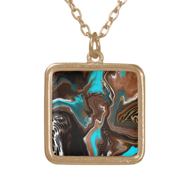 Monogrammed Blue, Brown and Black Abstract Art   Gold Plated Necklace (Front)