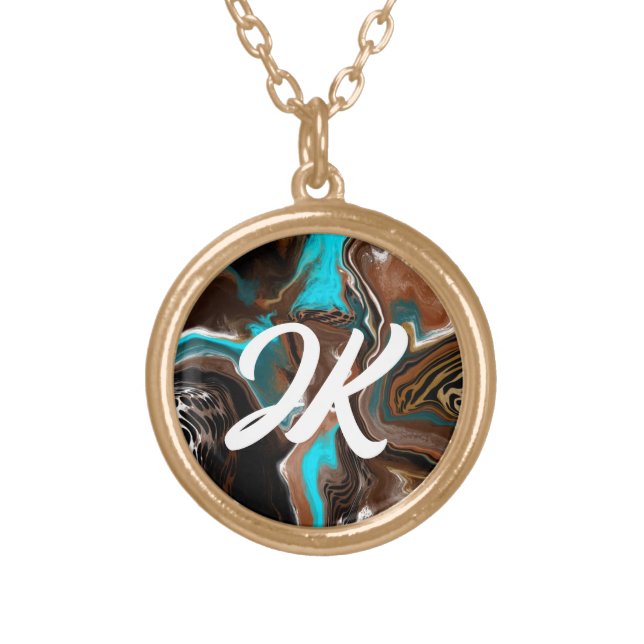 Monogrammed Blue, Brown and Black Abstract Art   Gold Plated Necklace (Front)