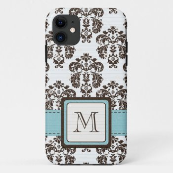 Monogrammed Blue Brown Damask Iphone 11 Case by cutecases at Zazzle