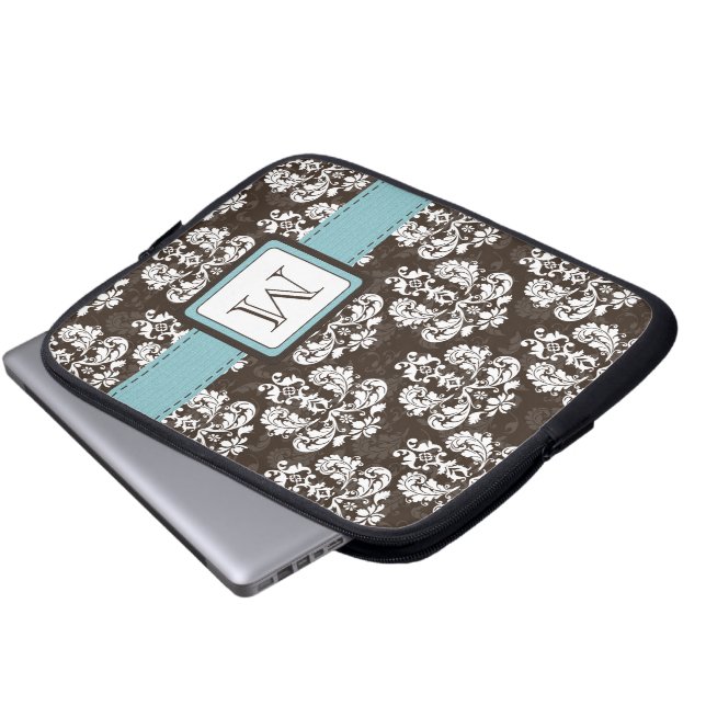 Monogrammed Blue Brown Damask Laptop Sleeve Bag (Front Bottom)