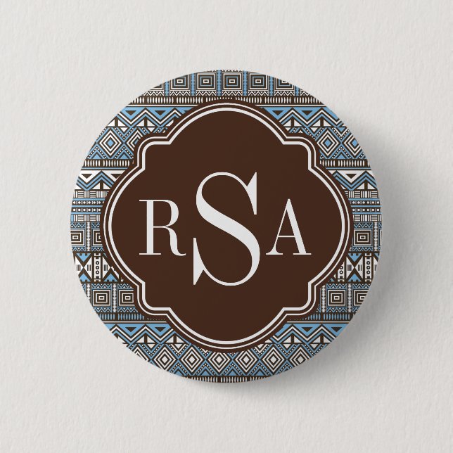 Monogrammed Blue Brown Tribal Pattern Pinback Button (Front)