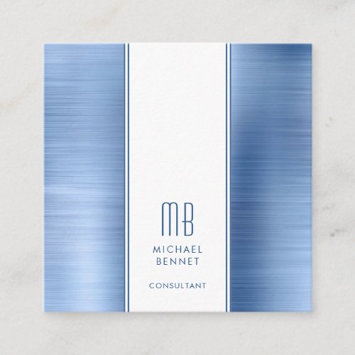Monogrammed Blue Brushed Metallic Foil Consultant Square Business Card
