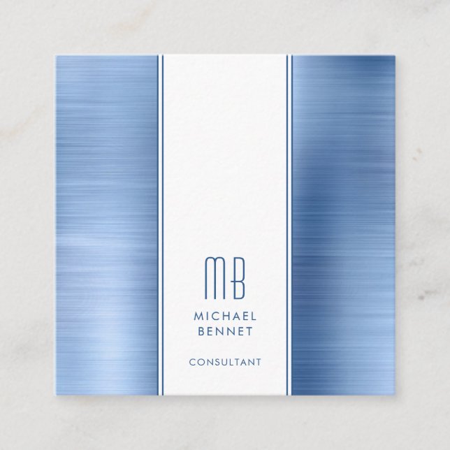 Monogrammed Blue Brushed Metallic Foil Consultant Square Business Card (Front)