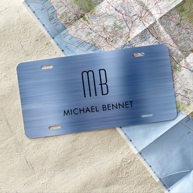 Monogrammed Blue Brushed Metallic License Plate (In Situ)