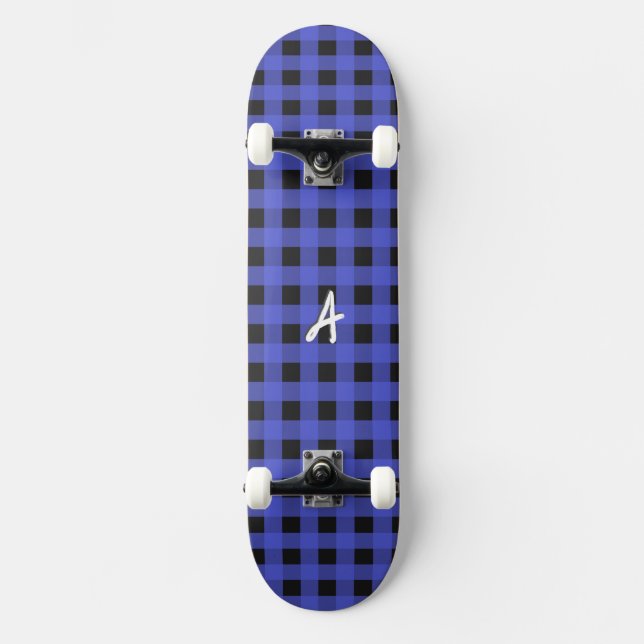 Monogrammed Blue Buffalo Plaid Rustic Patterned Skateboard (Front)