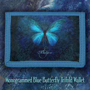 Monogrammed Blue Butterfly Tri-fold Wallet