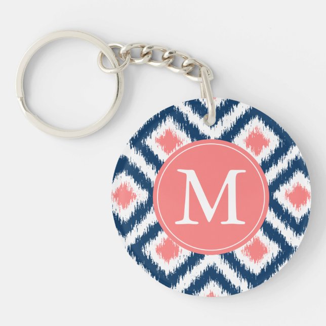 Monogrammed Blue Coral Diamond Ikat Pattern Keychain (Front)