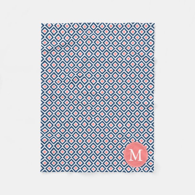 Monogrammed Blue Coral Diamonds Ikat Pattern Fleece Blanket (Front)