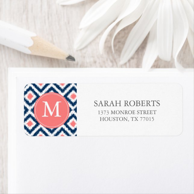 Monogrammed Blue Coral Diamonds Ikat Pattern Label (Insitu)
