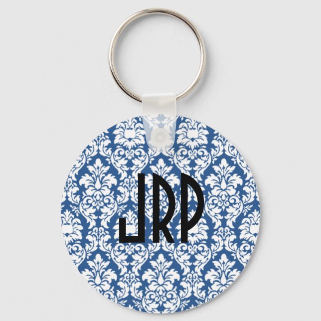 Monogrammed Blue Damask Keychain (Front)