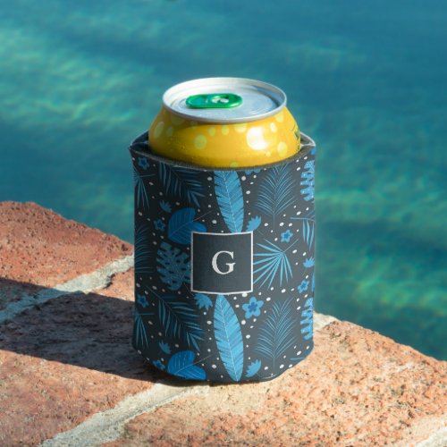 Monogrammed Blue Exotic Tropical Leaves   Can Cooler