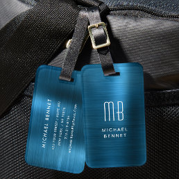 Monogrammed Blue Faux Brushed Metal Luggage Tag
