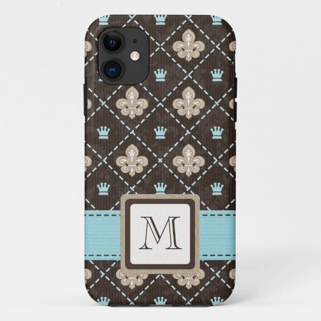 Monogrammed Blue Fleur de Lis Case-Mate iPhone Case (Back)