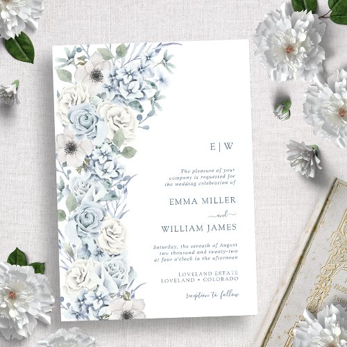 Monogrammed Blue Floral Wedding Invitation