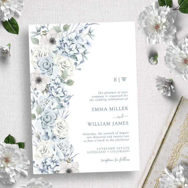 Monogrammed Blue Floral Wedding Invitation (Creator Uploaded)