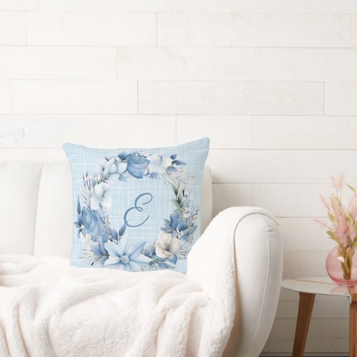 Monogrammed Blue Floral Wreath  Throw Pillow
