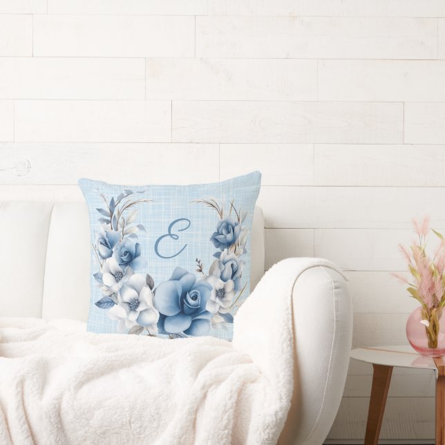Monogrammed Blue Floral Wreath  Throw Pillow (Couch)