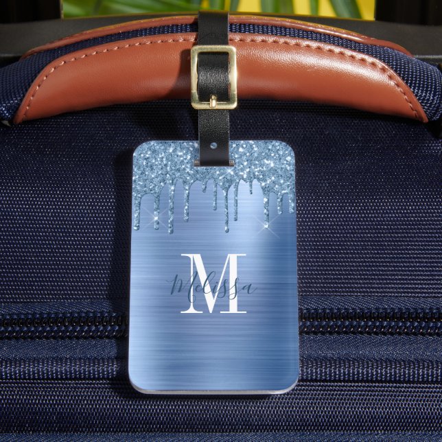 Monogrammed Blue Glitter Drip Brushed Metal Luggage Tag (Front Insitu 2)