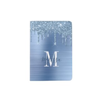 Monogrammed Blue Glitter Drip Brushed Metallic Passport Holder